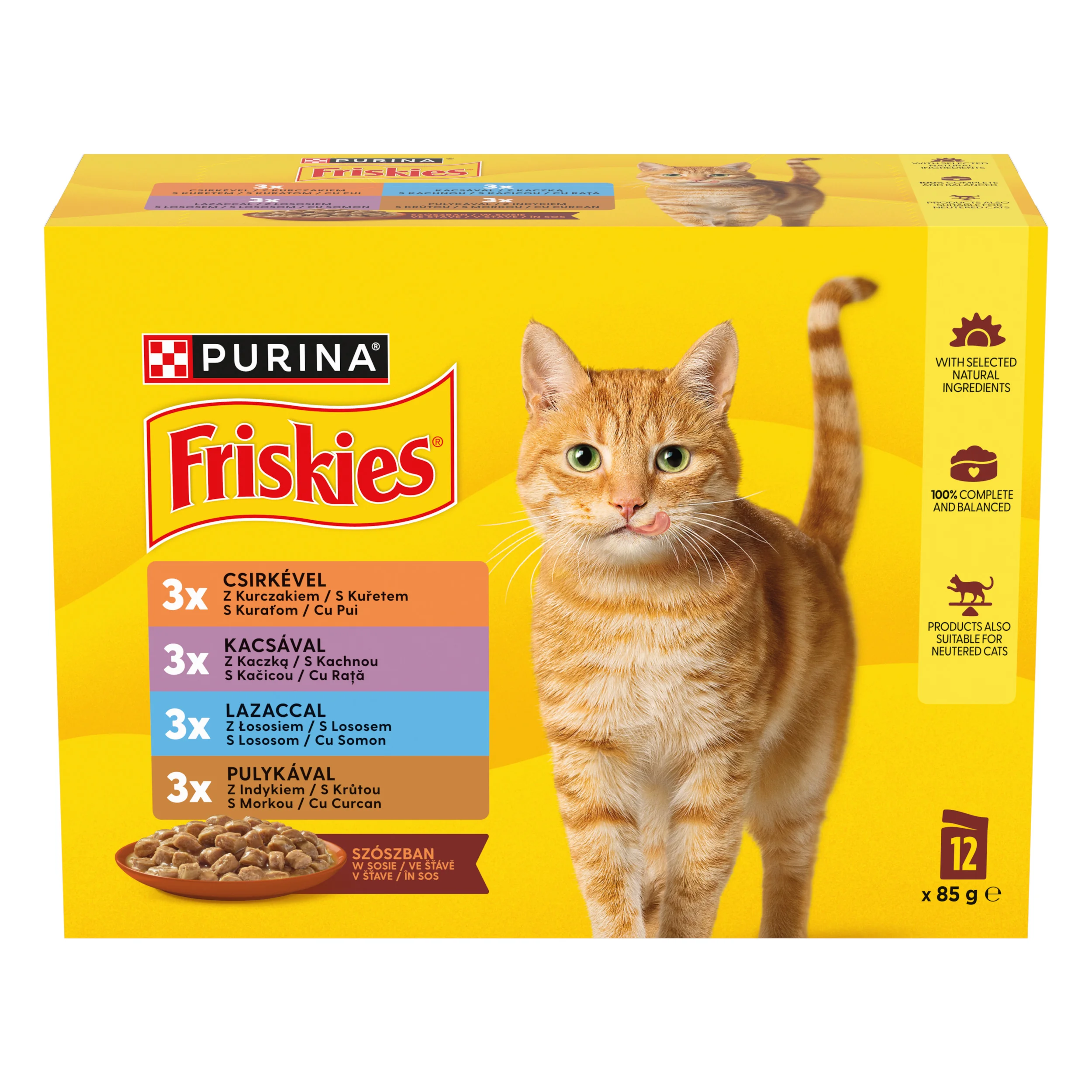 Friskies kapsičky pre mačky kura, kačica, losos, morka v šťave 12×85 g 12×85 g, kompletné krmivo pre dospelé mačky