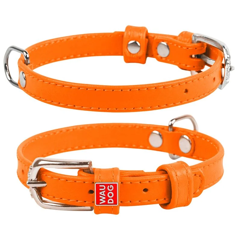 Plochý kožený obojok oranžovej farby, Obvod krku: 21-29 cm, širka: 12 mm