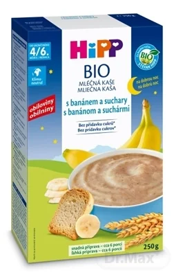 HiPP BIO Mliečna kaša na dobrú noc s banánom a suchármi, od ukončeného 4./6. mesiaca 250g