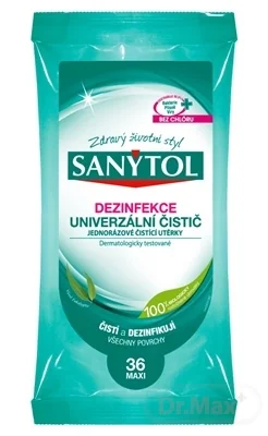 SANYTOL DEZINFEKCIA UNIVERZÁLNY ČISTIČ Utierky 1×36 ks, jednorázové utierky, vôňa eukalyptus