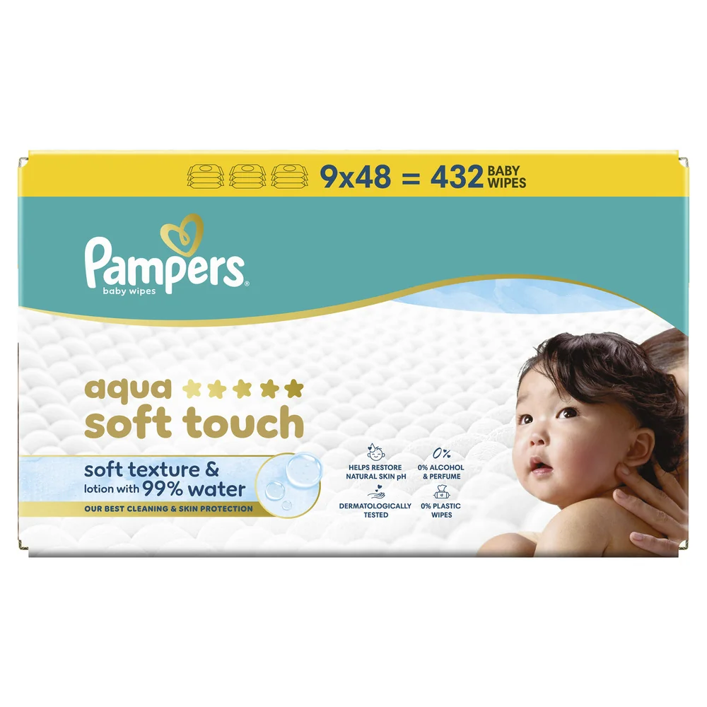 Pampers Aqua Soft Touch Baby detské čistiace obrúsky 9 x 48 ks