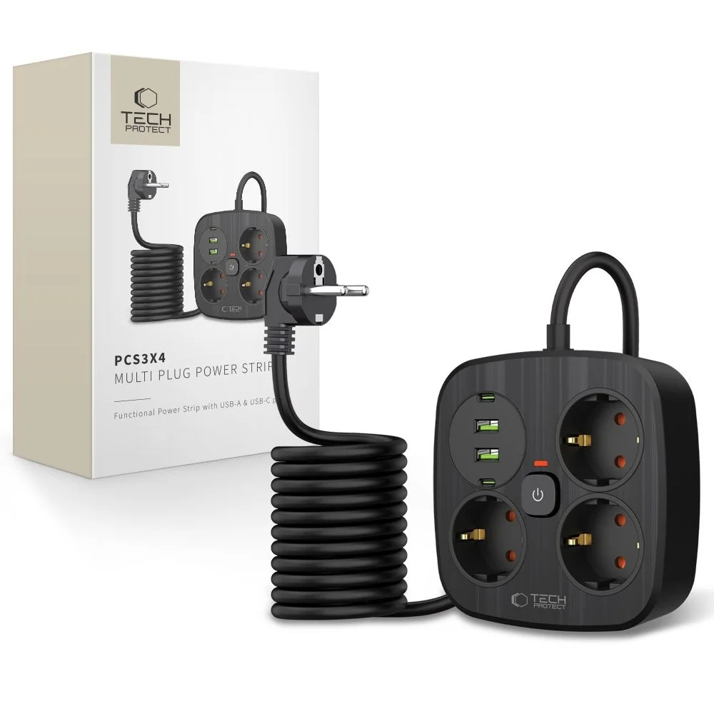 Tech-Protect PCS3X4 predlžovací kábel 2x USB / 2x USB-C / 3 zásuvky 2m, čierna , čierna