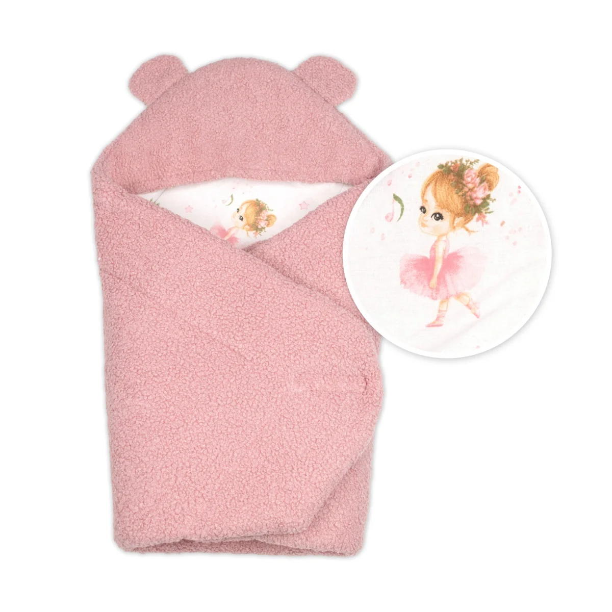 Baránková zavinovačka s kapucňou bavlna/baránok, Teddy - Balerína, pudrovo ružová