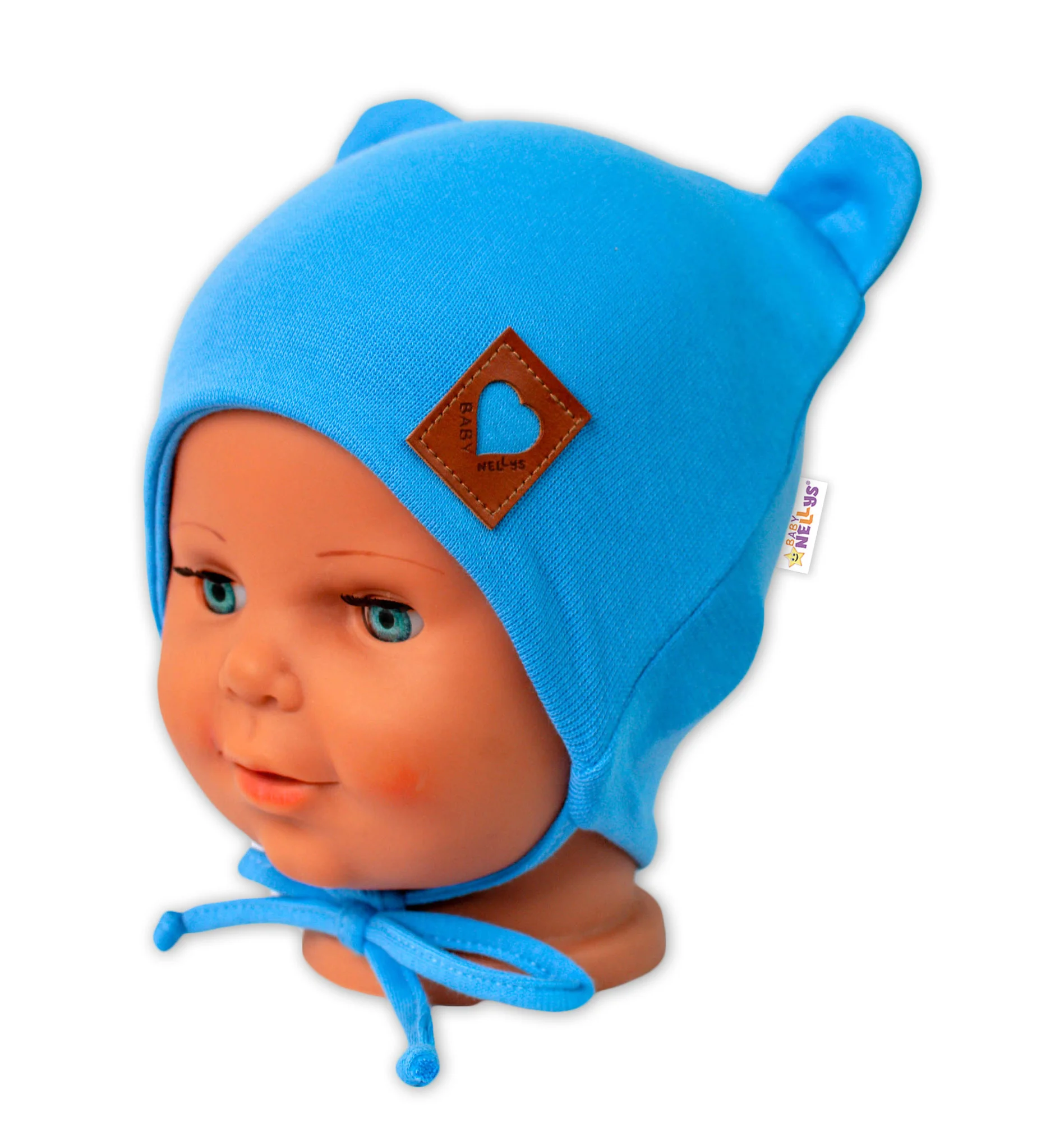 Baby Nellys Bavlnená dvojvrstvová čiapka s uškami na zaväzovanie, TEDDY - modrá, 80/86
