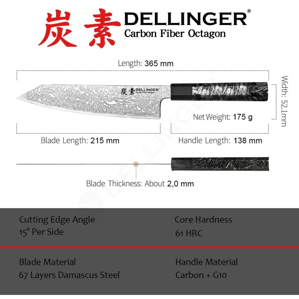 Nôž Dellinger Chef/Kiritsuke 215 mm Carbon Fiber Octagon®