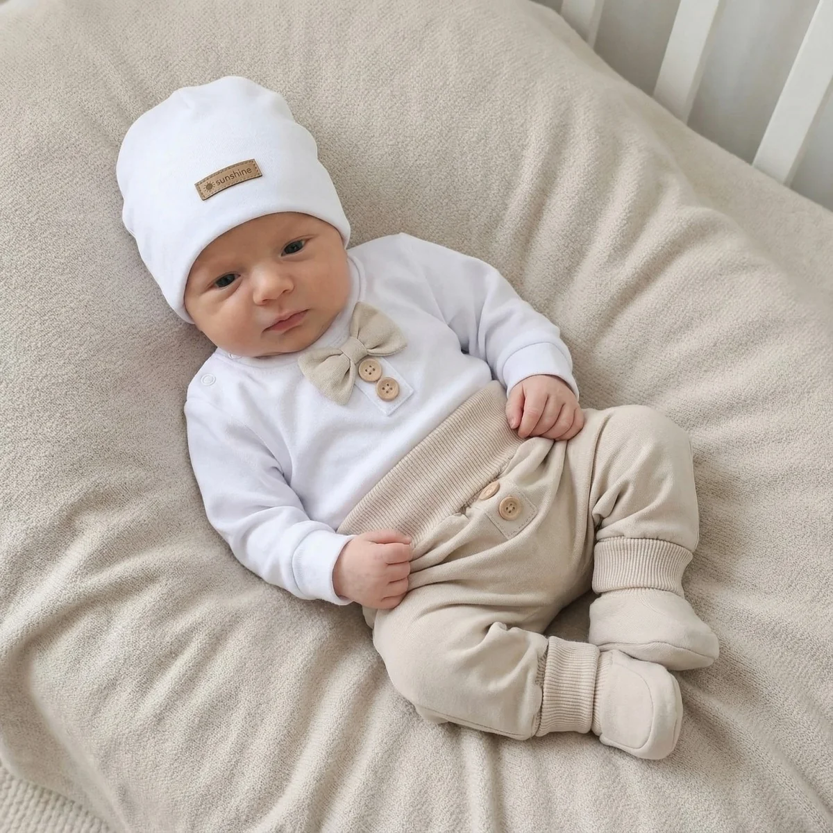 Bavlnená sada, body, nohavice, motýlik a čiapka Elegant Boy 5D, béžová/biela, veľ. 80