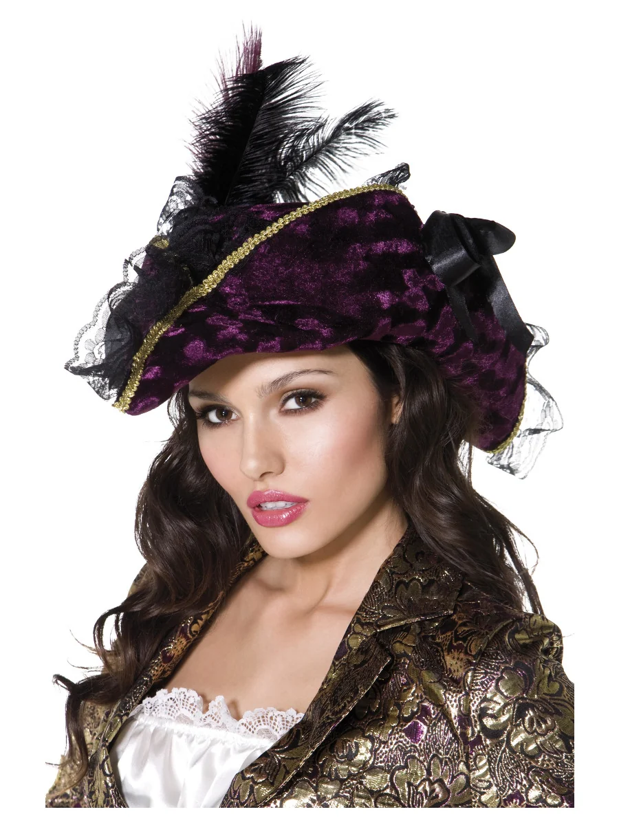 Dámsky pirátsky klobúk fialový s perím