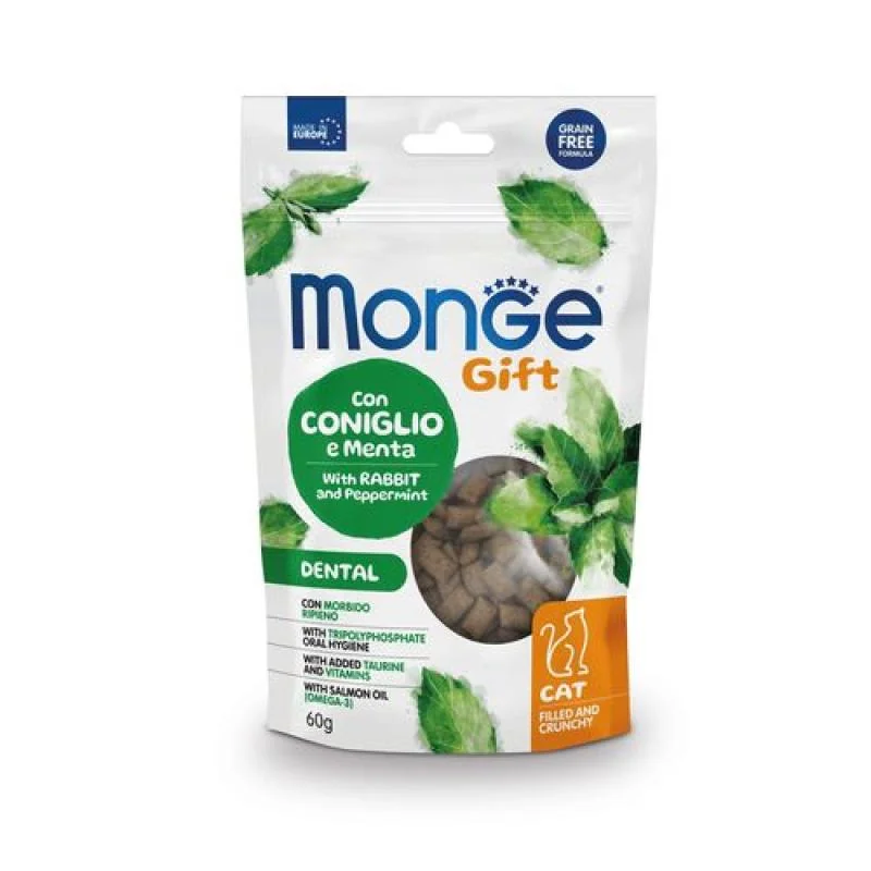 MONGE GIFT Dental 60g chrumkavé a plnené pochúťky pre mačky s králičím mäsom a mätou
