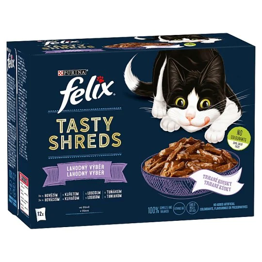 FELIX TASTY SHREDS hovädzie/kura/losos/tuniak v šťave (12x80g) 12×80 g, kapsičky pre mačky