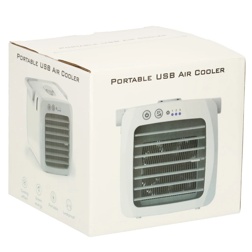 Mini stolná klimatizácia USB biela – prenosný ochladzovač vzduchu s nádržkou 300 ml