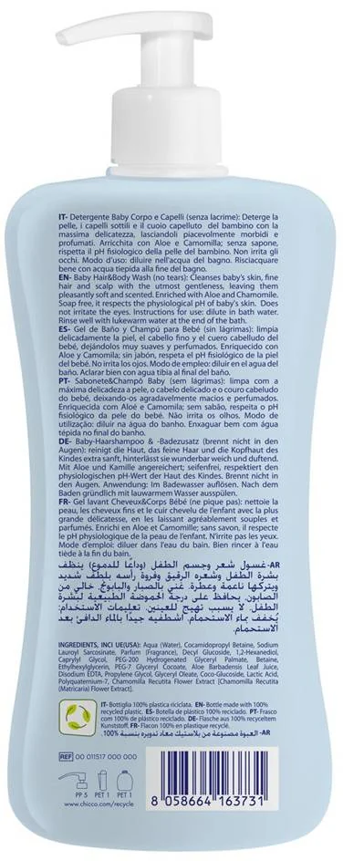 CHICCO Šampón na vlasy a telo Natural Sensation s aloe a kamilkou 500ml, 0m+ 1×500 ml, detský šampón na vlasy a telo