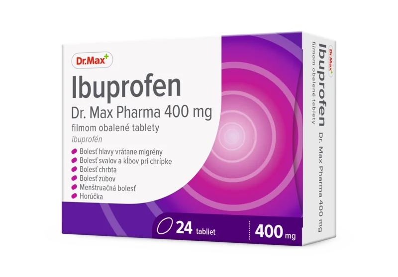 Dr. Max Pharma Ibuprofen 400 mg filmom obalené tablety 1×24 tbl, tlmí bolesť, zápal a znižuje horúčku