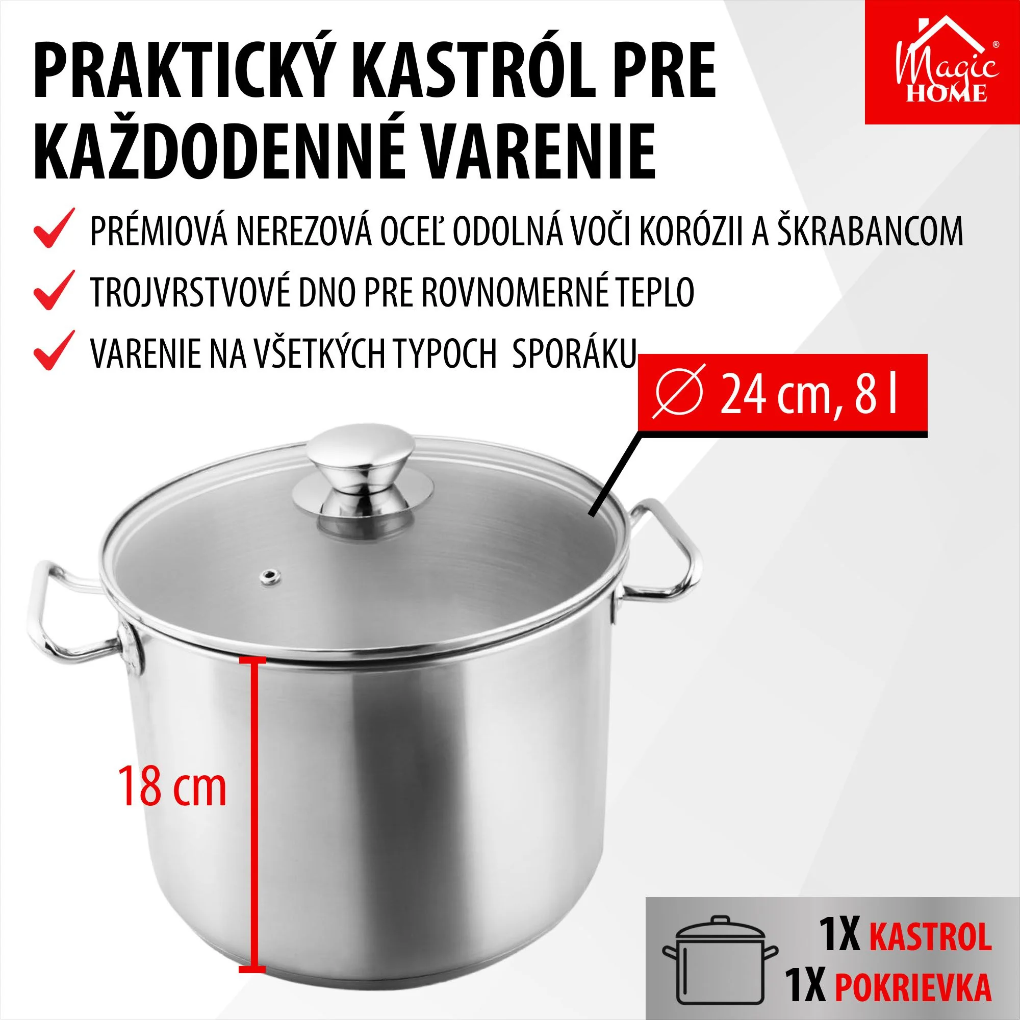 MagicHome hrniec Chloe, 1 ks 24 cm, 8 l, so sklenenou pokrievkou, nerez