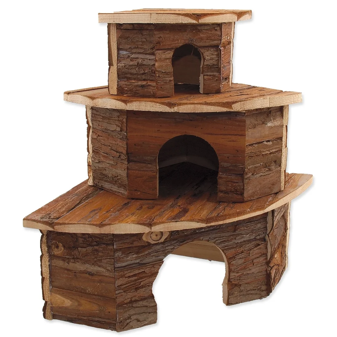 Domček Small Animals Rohový drevený s kôrou 30x30x16cm
