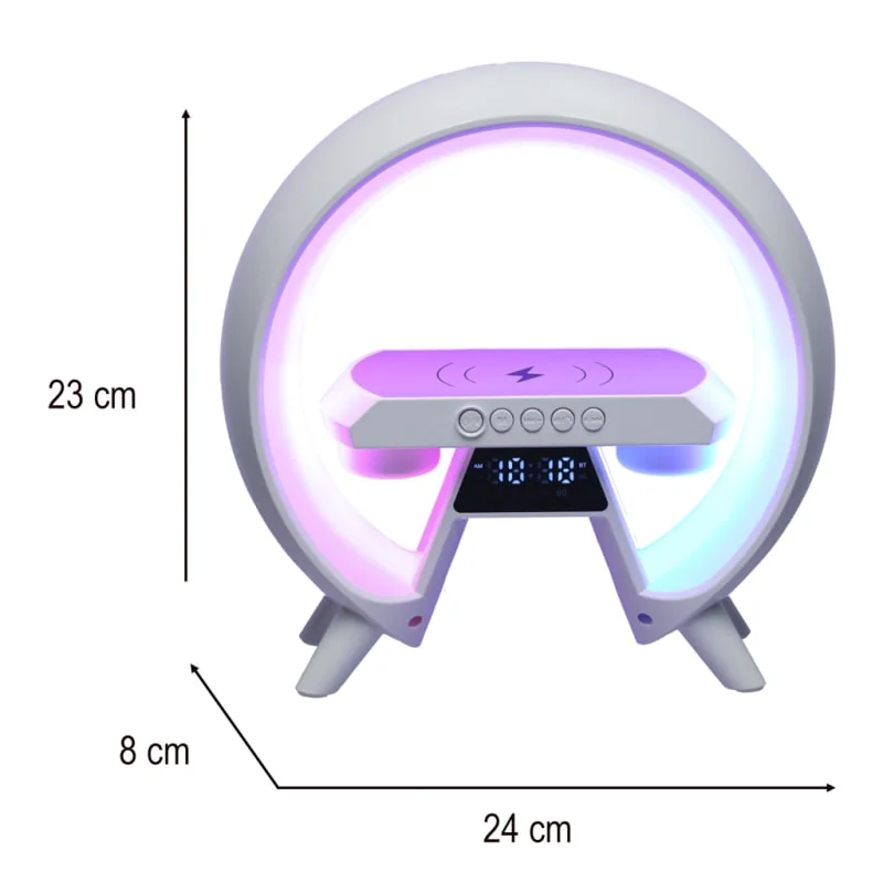 LED lampa s bezdrôtovým nabíjaním, rádiom a budíkom – RGB