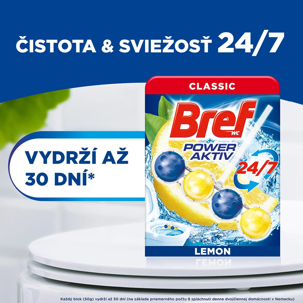Bref Power Aktiv tuhý WC blok Lemon 4×50 g 4×50 g, WC blok