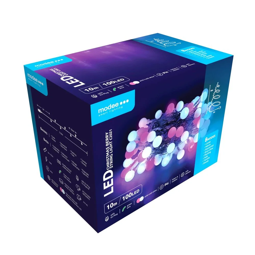 Modee Lighting LED vianočná reťaz 100 LED 10m ružová/biela bobule