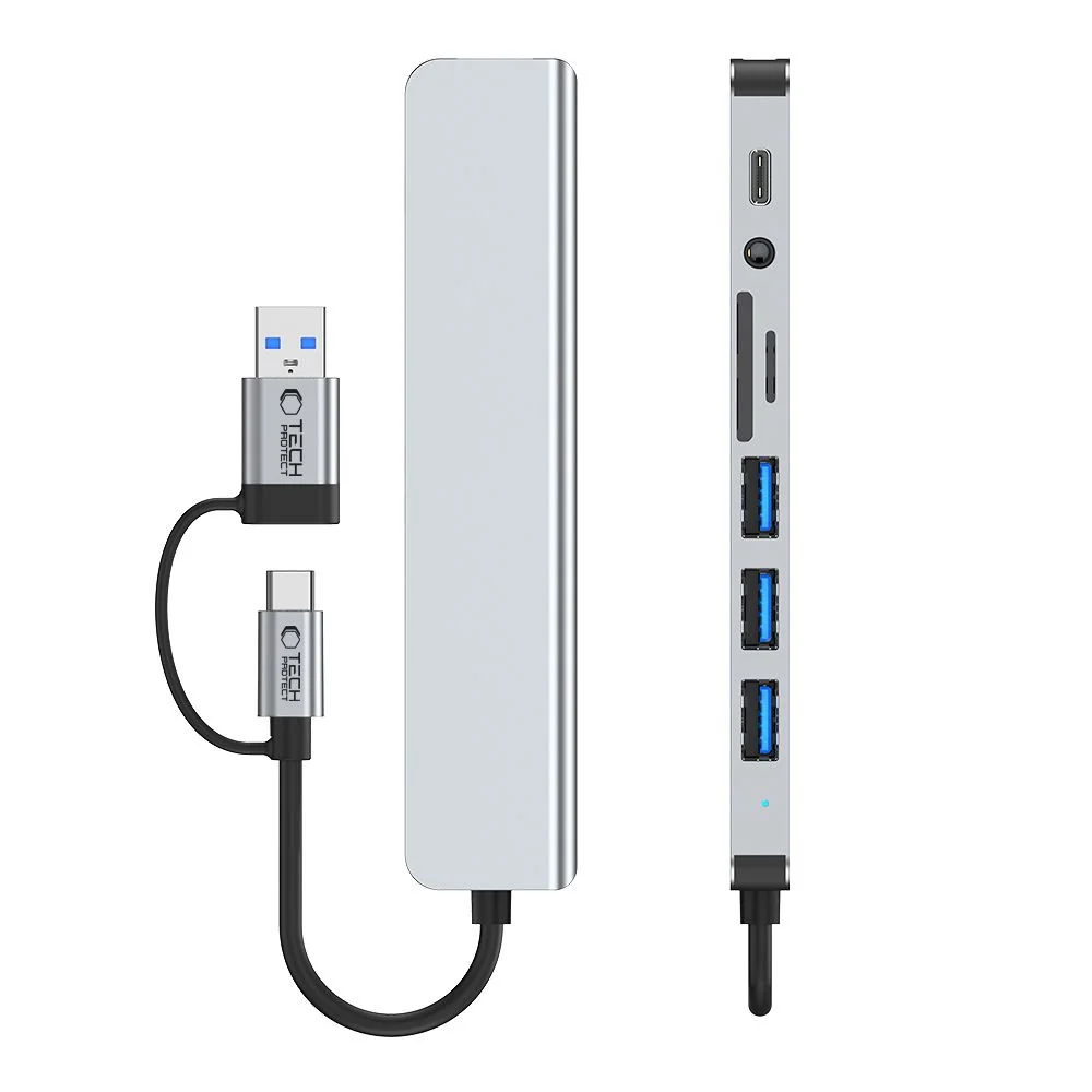 Tech-Protect HB06 HUB adaptér USB-C + USB - 4x USB / USB-C / SD / TF / AV 3.5, šedý AV 3.5, šedý