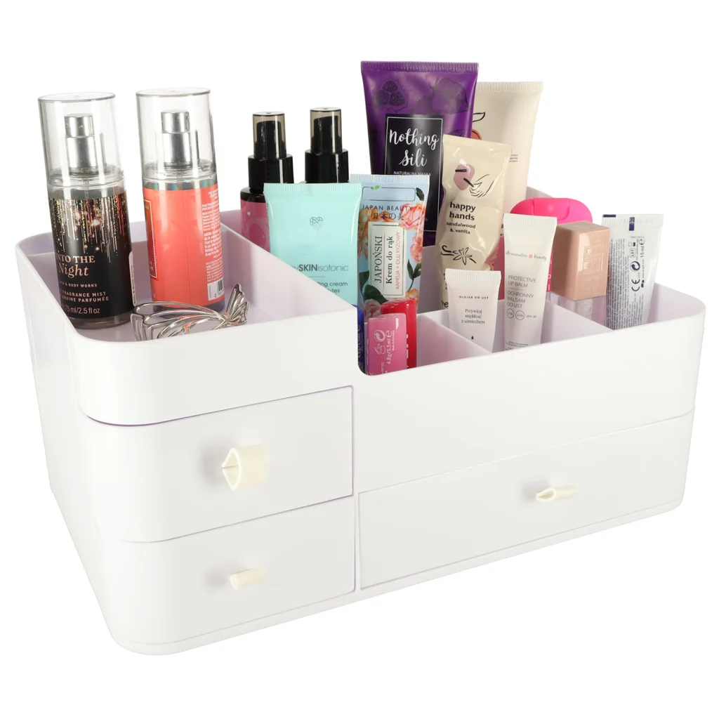 Organizér na kozmetiku a šperky so zásuvkami – biely, 34 × 22 × 15 cm