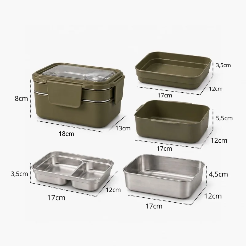 Livefy obedový box s príborom Double Lunch 1.2l, tmavozelený