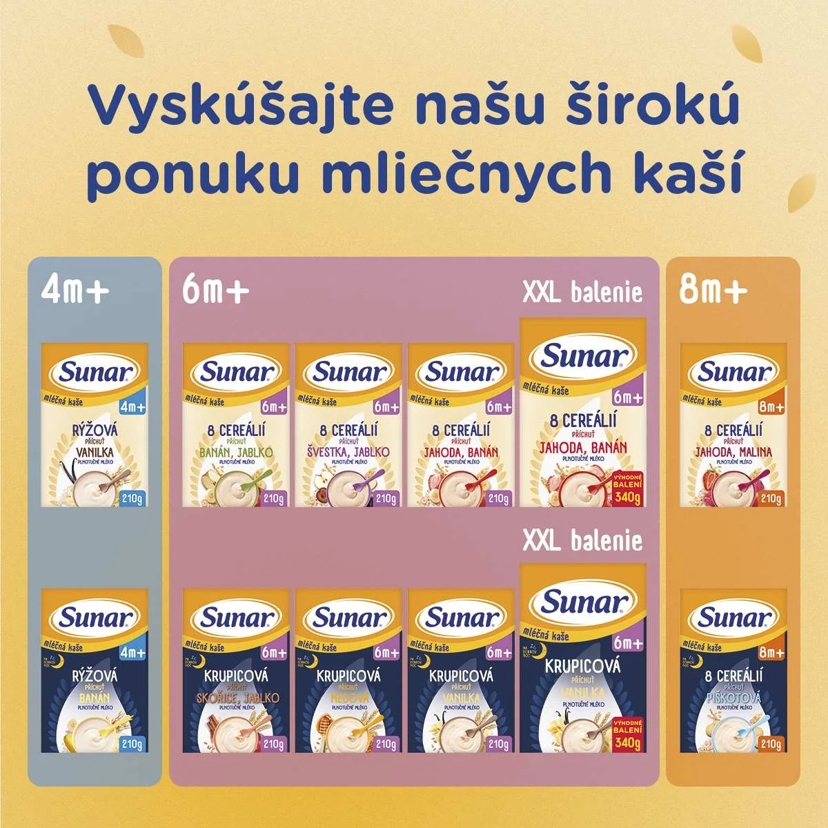 Sunar mliečna kaša 8 cereálií príchuť slivka, jablko 1×210 g, instantná, obilno-mliečna kaša, od ukončeného 6. mesiaca