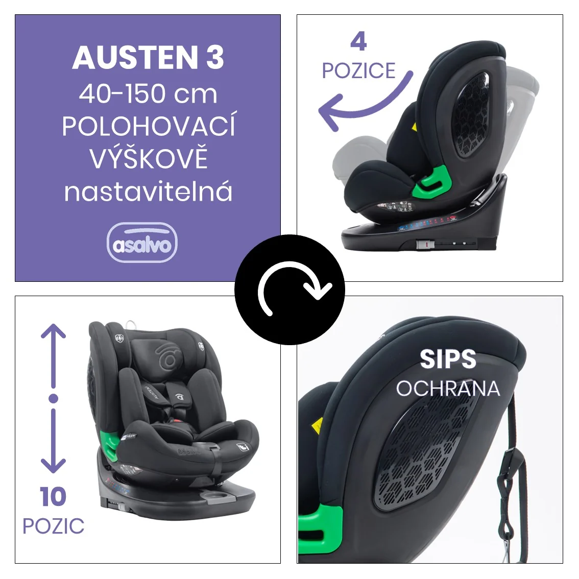 Asalvo Austen 3 autosedačka i-Size 40–150 cm, otočná 360°, sivá