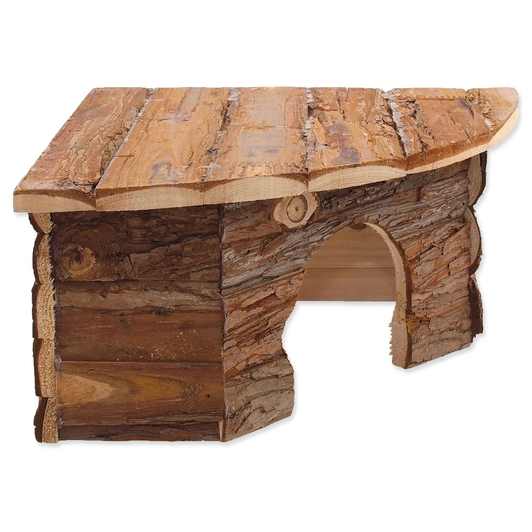 Domček Small Animals Rohový drevený s kôrou 30x30x16cm