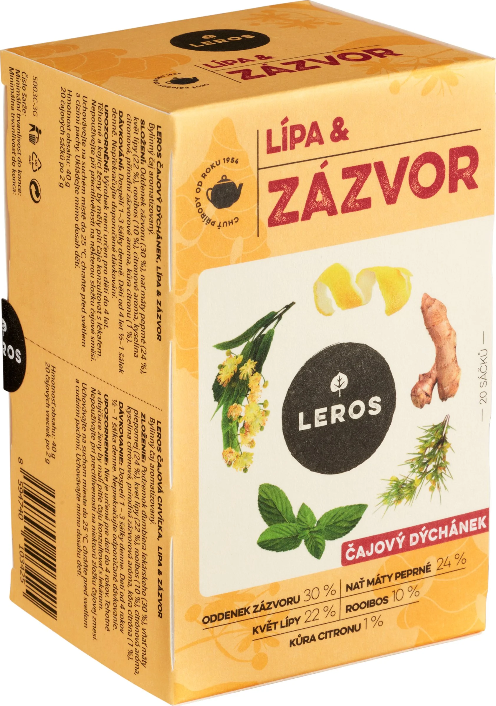 LEROS ČAJOVÁ CHVÍĽKA LIPA & ZÁZVOR 20×2 g, bylinný čaj so zázvorom a lipovým kvetom