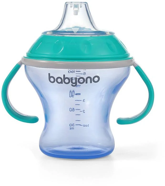 BABYONO Hrnček netečúci s mäkkým náustkom Natural Nursing 180 ml tyrkysová 1×1 ks, hrnček pre deti
