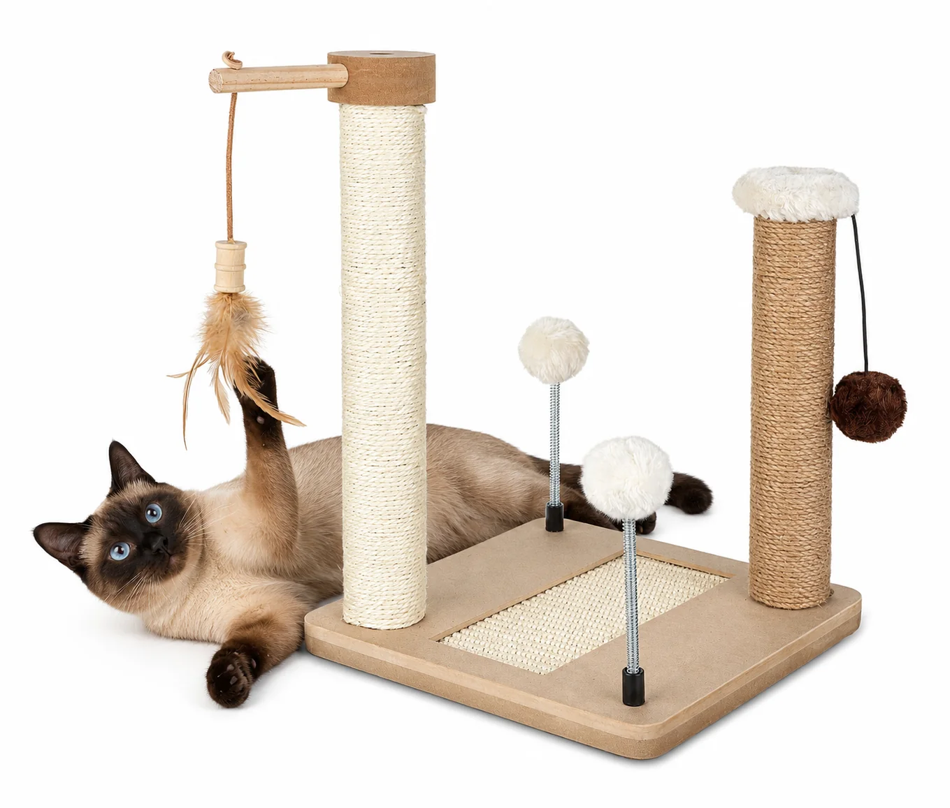 Škrabadlo pre mačky Cat Tree 40 cm – MDF, sisal, juta, guličky na pružinách a šnúrkach