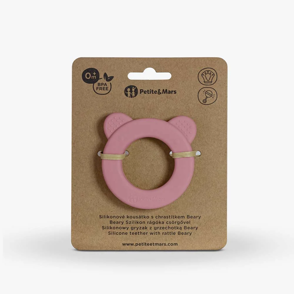 PETITE&MARS Hryzačka silikónová s hrkálkou Beary Dusty Rose 0m+ 1×1 ks