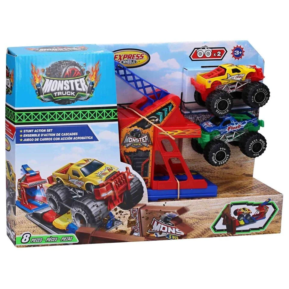 Autá Monster truck kaskadérska dráha s 2 kovovými autami