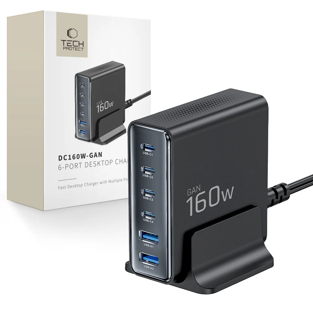 Tech-Protect DC160W GaN nabíjačka 2x USB / 4x USB-C 160W PD QC, čierna