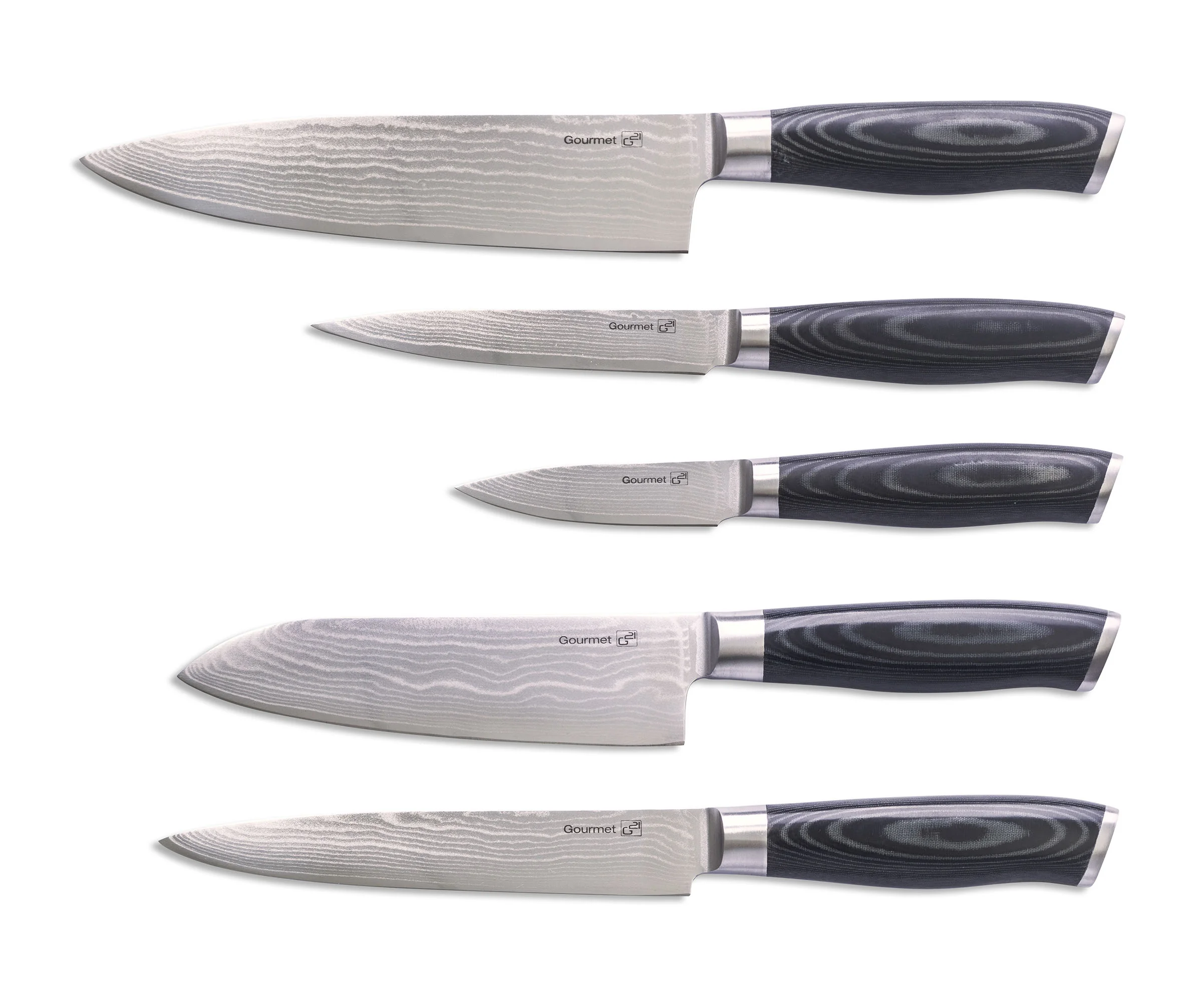 Sada nožov G21 Gourmet Damascus v bambusovom bloku 5 ks + brúsny kameň G-DMSSET5