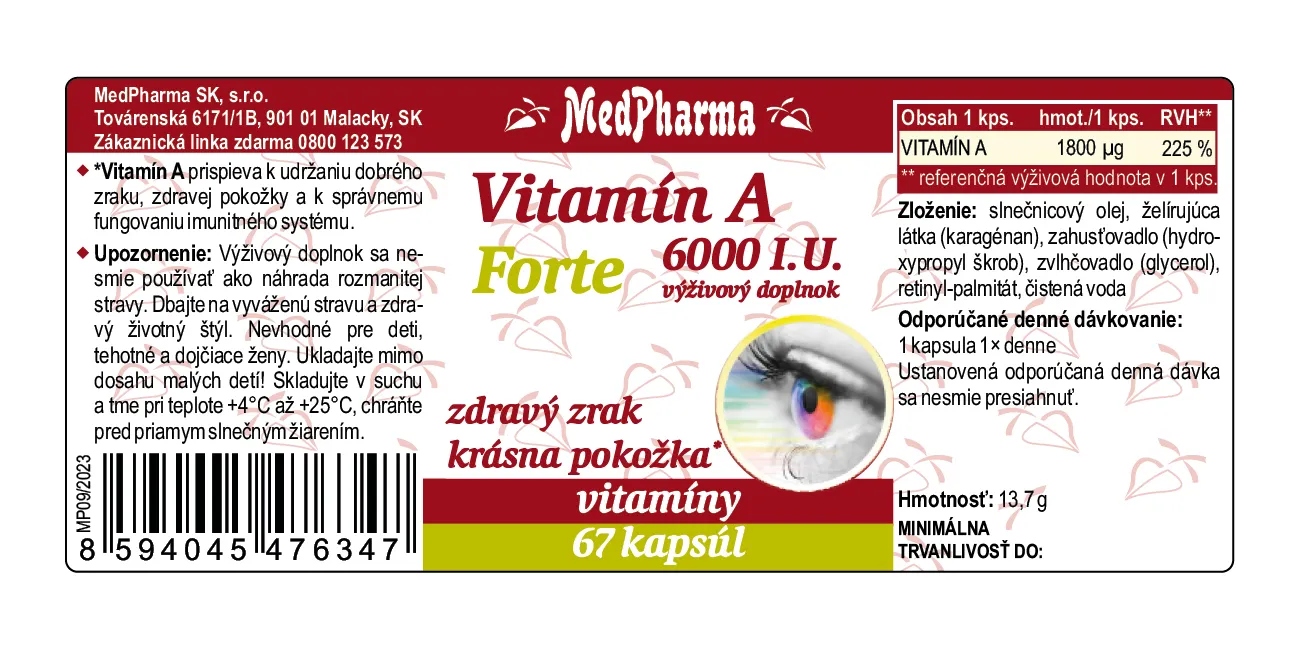 MedPharma Vitamín A 6000 I.U. Forte 1×67 cps, výživový doplnok