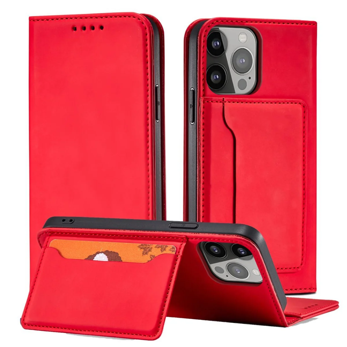 MG Magnet Card knižkové kožené puzdro na iPhone 13 Pro Max, červené
