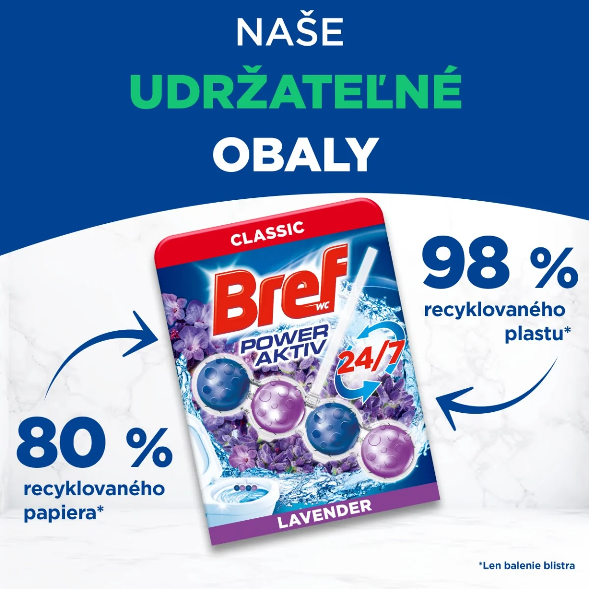 Bref Power Aktiv tuhý WC blok Lavender 3×50 g, WC blok