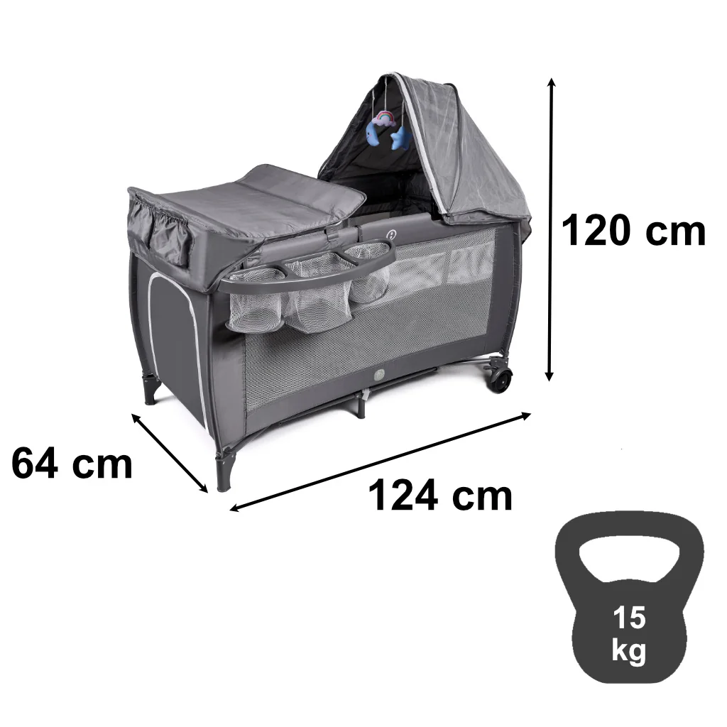 Cestovná postieľka s prebaľovacím pultom, skladacia 2-úrovňová do 15 kg – sivá