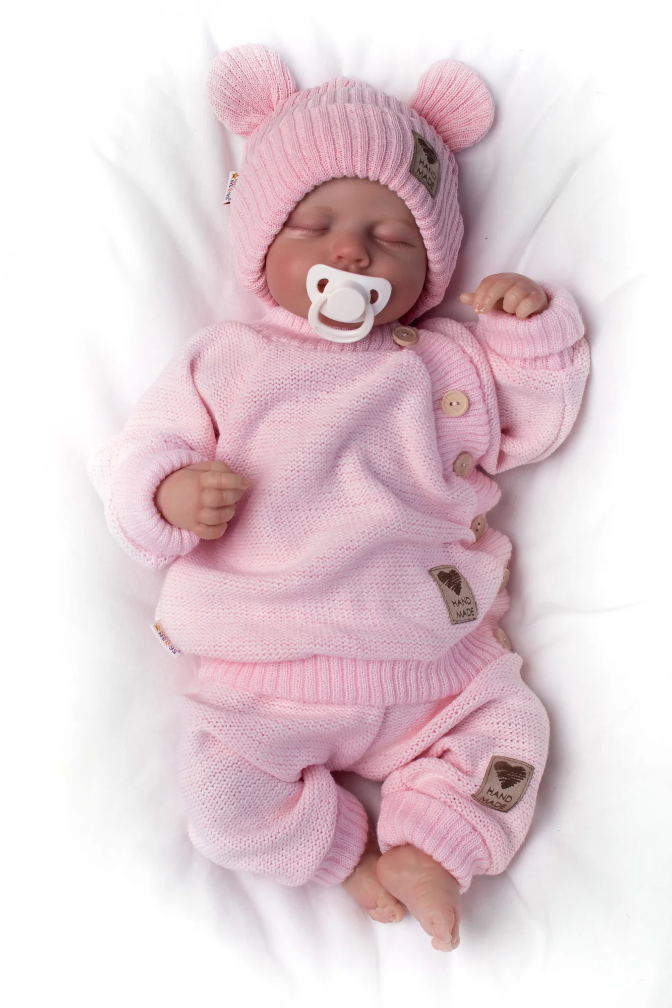 Pletená bavlněná čiapka s uškami, dvojvrstvová, Hand Made Baby Nellys, ružová, veľ. 68/74