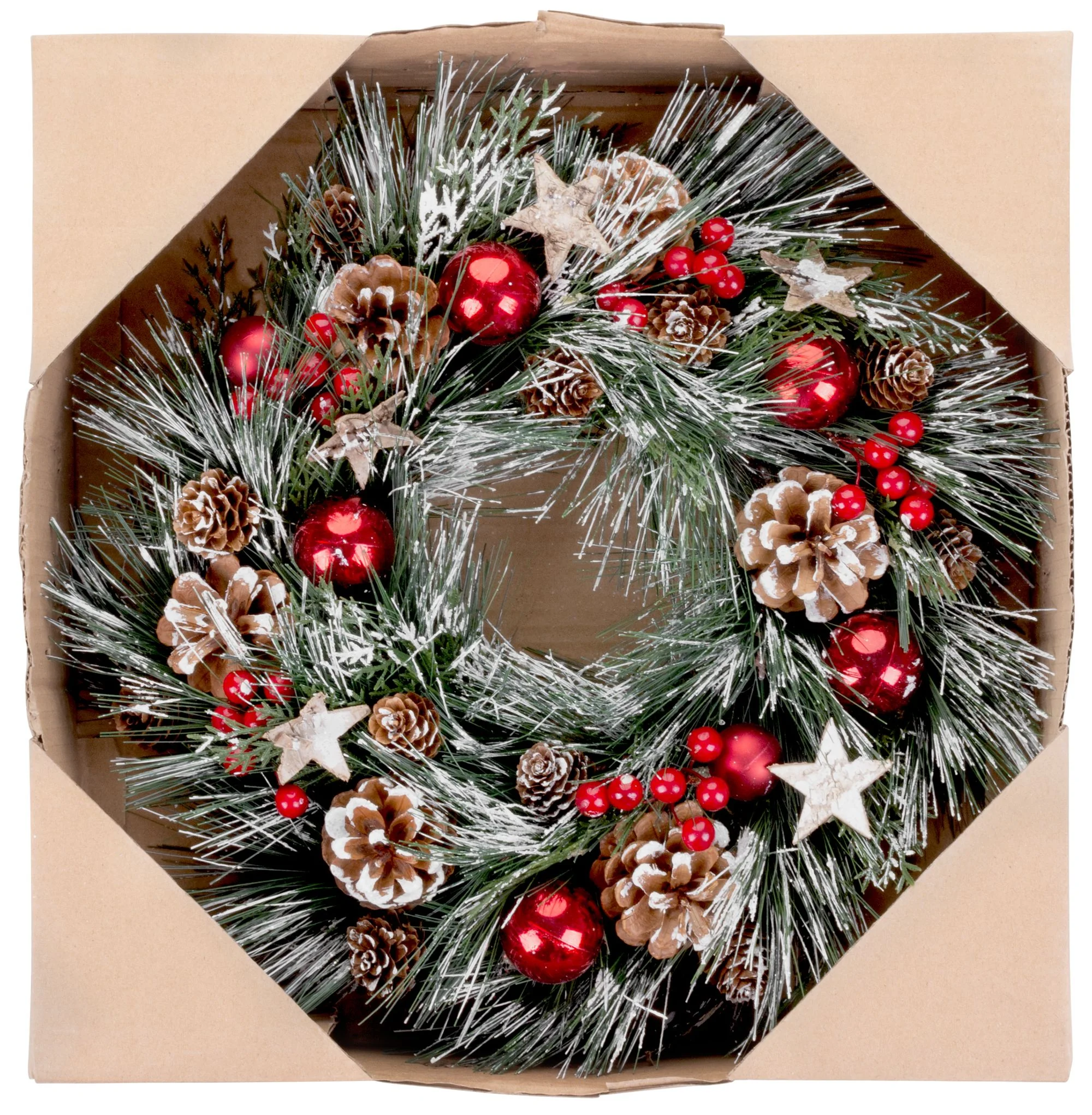 MagicHome vianočný veniec s čečinou a hviezdami, 1 ks Prírodný, závesný, 39 cm