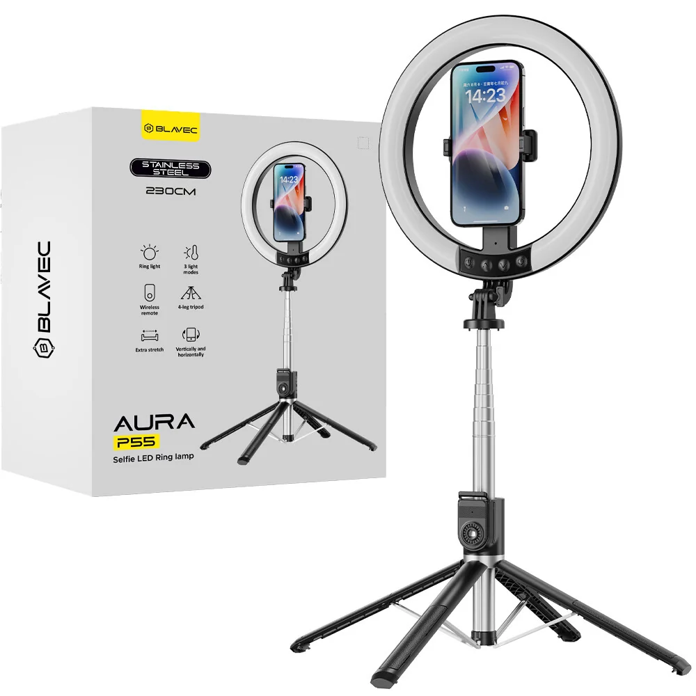 Blavec Aura P55 Selfie kruhové LED svetlo + statív 2.3m, čierne