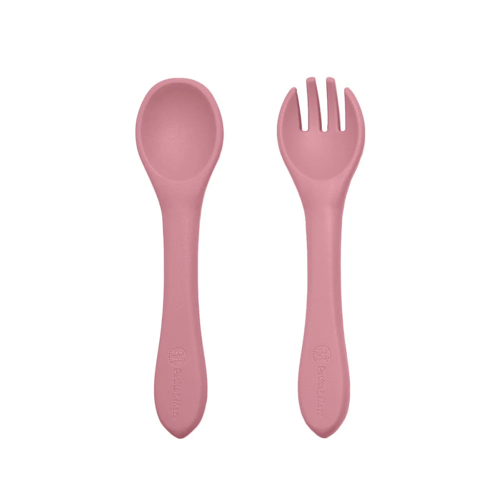 Set jedálenský silikónový TAKE&MATCH 2 ks tanier + príbor Dusty Rose 6m+