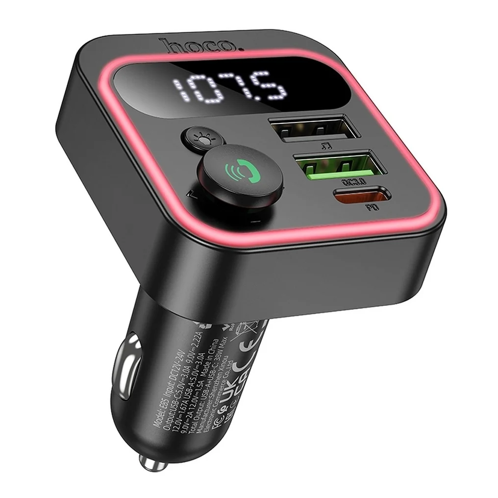 Hoco E85 Bluetooth FM Transmitter autonabíjačka 2x USB / USB-C QC PD 20W, čierna