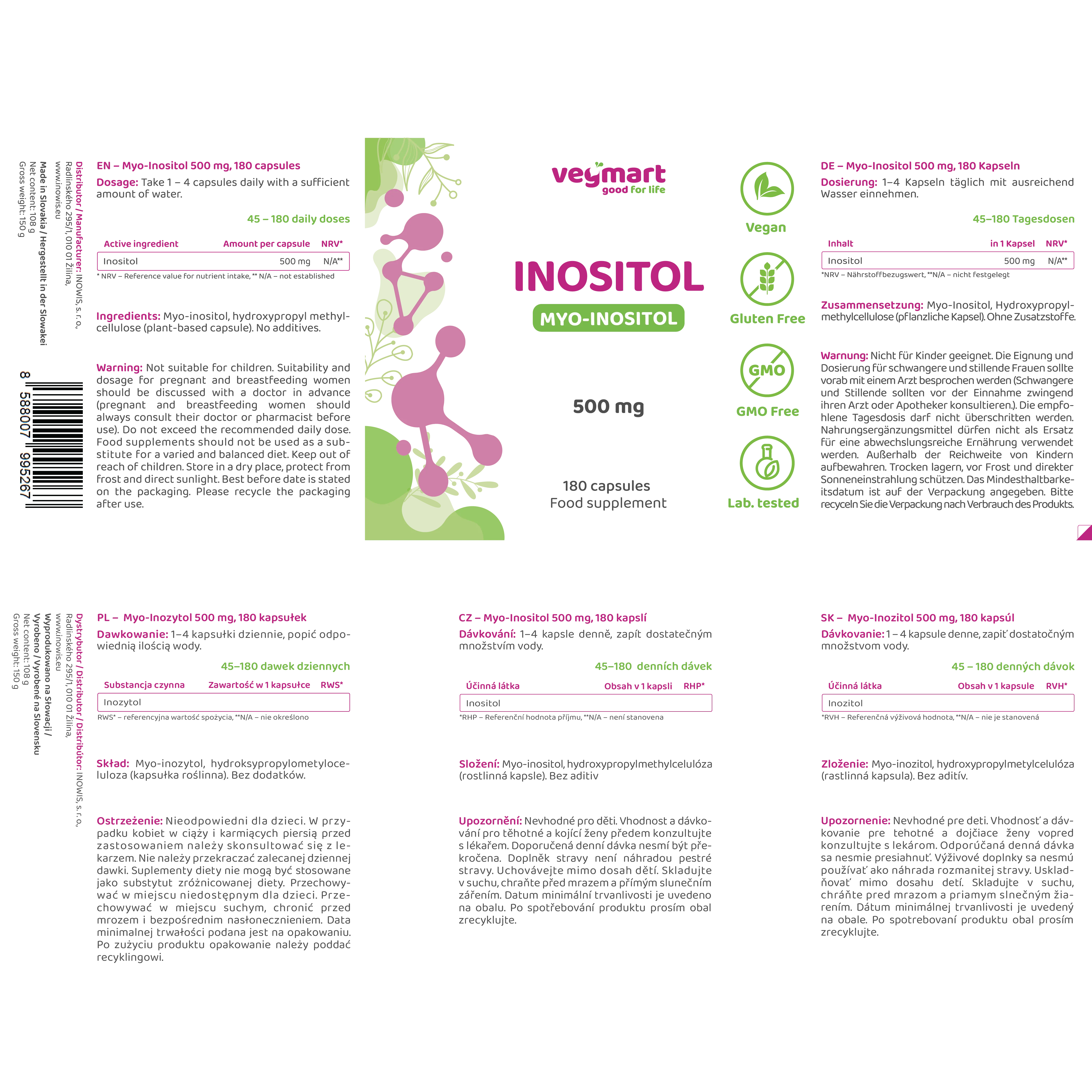 Vegmart Myo-inozitol 500 mg, 180 kapsúl