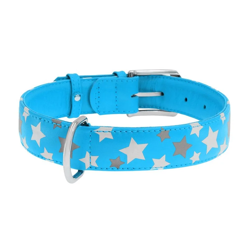 Plochý kožený obojok s hviezdičkami modrý svietiaci, Obvod krku: 19-25cm, šírka: 9mm