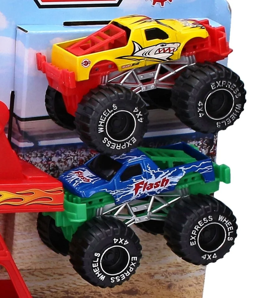 Autá Monster truck kaskadérska dráha s 2 kovovými autami