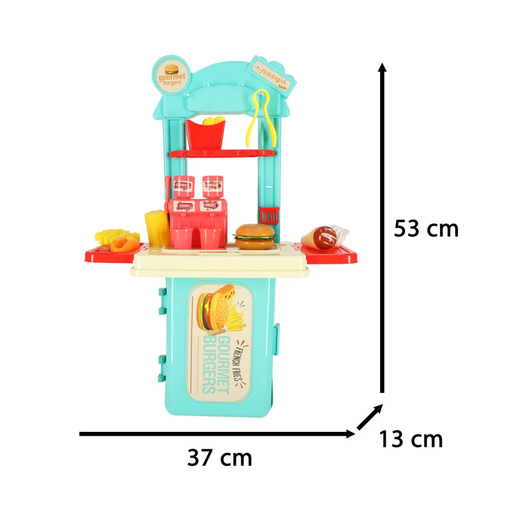 Detská kuchynka v kufríku – fast food set (hamburger, hranolky, zmrzlina) 53 cm (3+)
