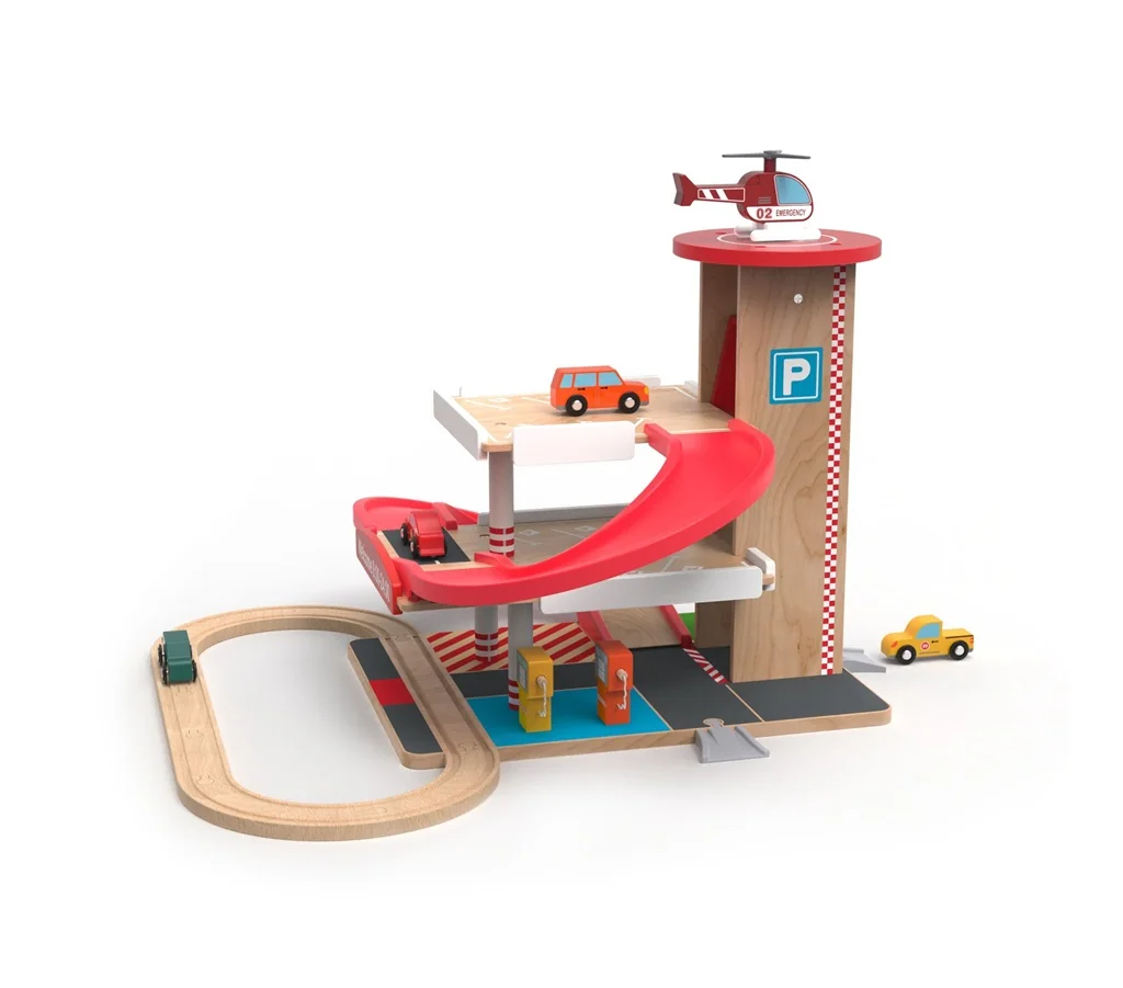 2Kids Toys Drevená garáž s vláčikodráhou