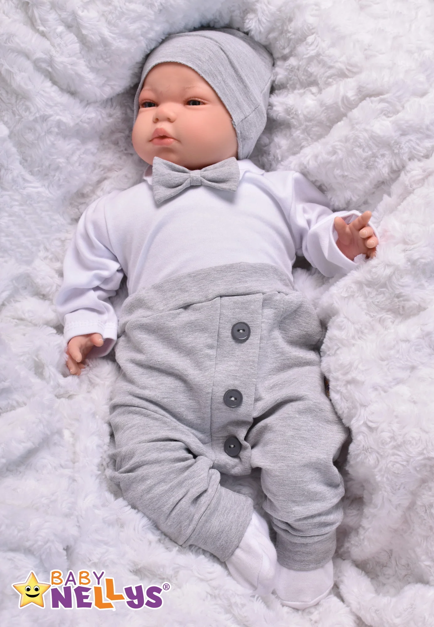 Baby Nellys 3-dielna sada Hubert, body s motýlikom, tepláčiky a čiapočka - sivá, veľ. 92