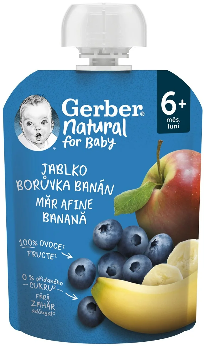 Gerber Natural Kapsička Jablko, čučoriedka a banán; ovocná desiata (od ukonč. 6. mesiaca) 1×90 g, ovocná kapsička pre deti